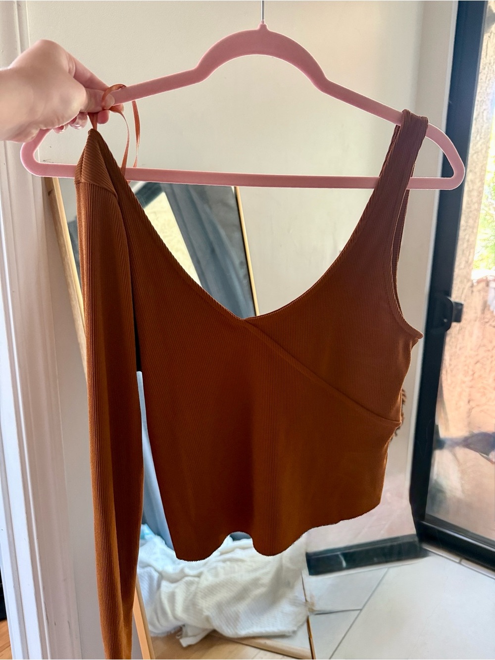 Topshop Brown One-Shoulder Ribbed Crop Top